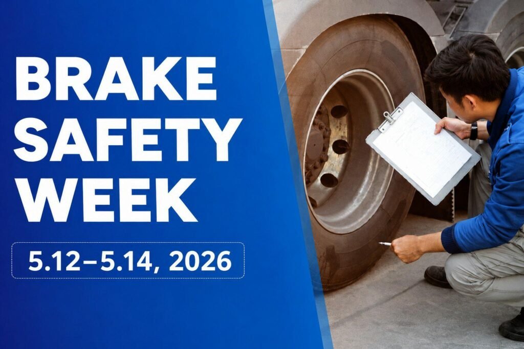 CVSA Brake Safety Week 2026 commercial truck brake inspection campaign showing heavy-duty wheel inspection and roadside brake safety compliance checks scheduled for May 12–14, 2026.