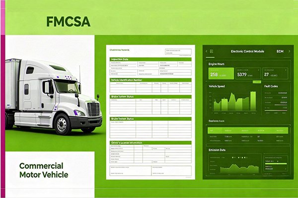 Commercial trucking compliance concept showing FMCSA regulations, driver Hours-of-Service tracking, and ECM ‘black box’ data monitoring vehicle speed, braking events, and fault codes to identify pre-existing brake system issues