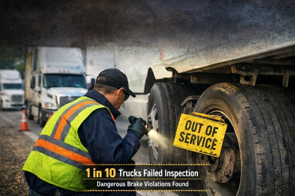 CVSA 2023–2025 North American Brake Safety Day inspection results showing over 8,000 commercial vehicles inspected and consistent 8–12% brake-related out-of-service violation rates.