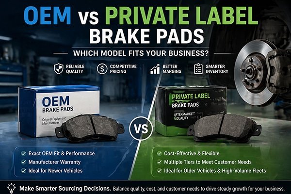 Comparison of OEM and private label brake pads for businesses, showing quality, pricing, margins, and sourcing strategies in a modern automotive workshop