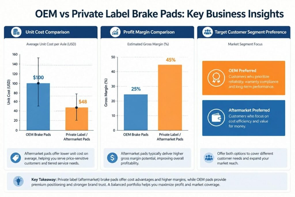 Infographic comparing OEM and private label brake pads, showing unit cost, profit margin, and target customer segment preferences for distributors and service centers.