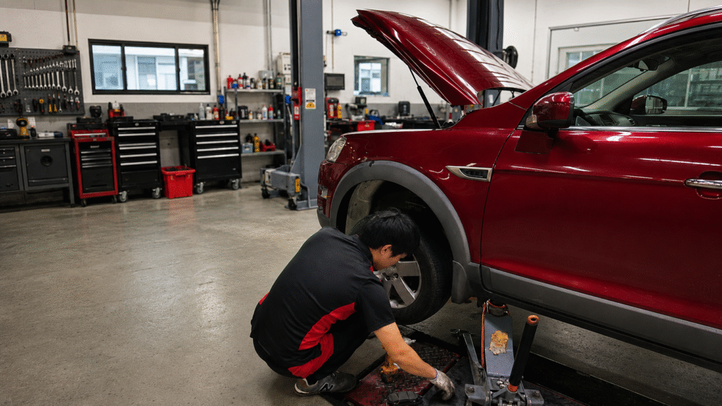 Mechanic replacing brake pads in an auto repair workshop