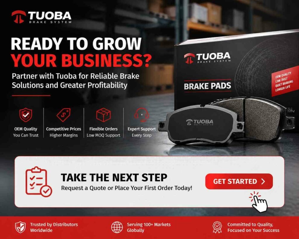 Tuoba OEM and private label brake pads banner showing high-quality products, flexible ordering, and expert support with a call-to-action to place an order