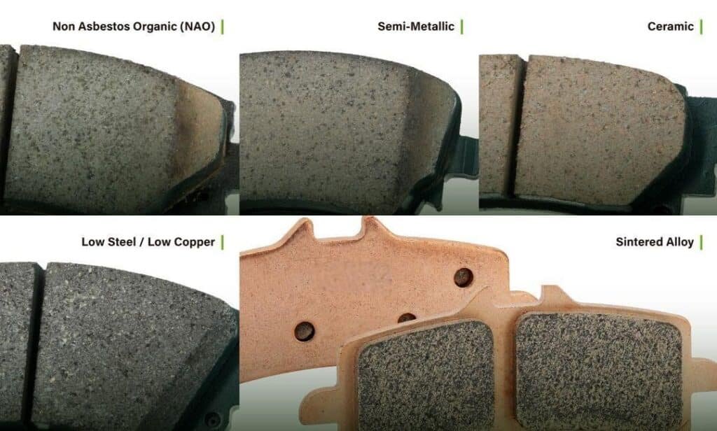 comparison of ceramic organic and high metallic brake pad materials showing differences in heat resistance dust and performance