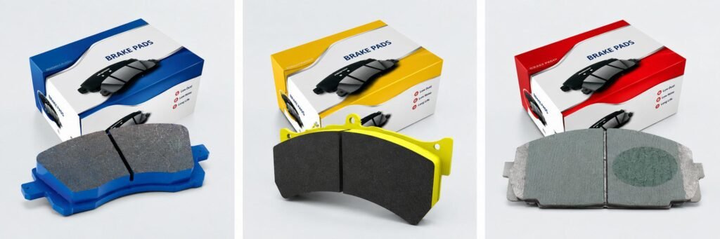 Brake pad product display with multiple friction material types and OEM packaging for commercial vehicle braking applications