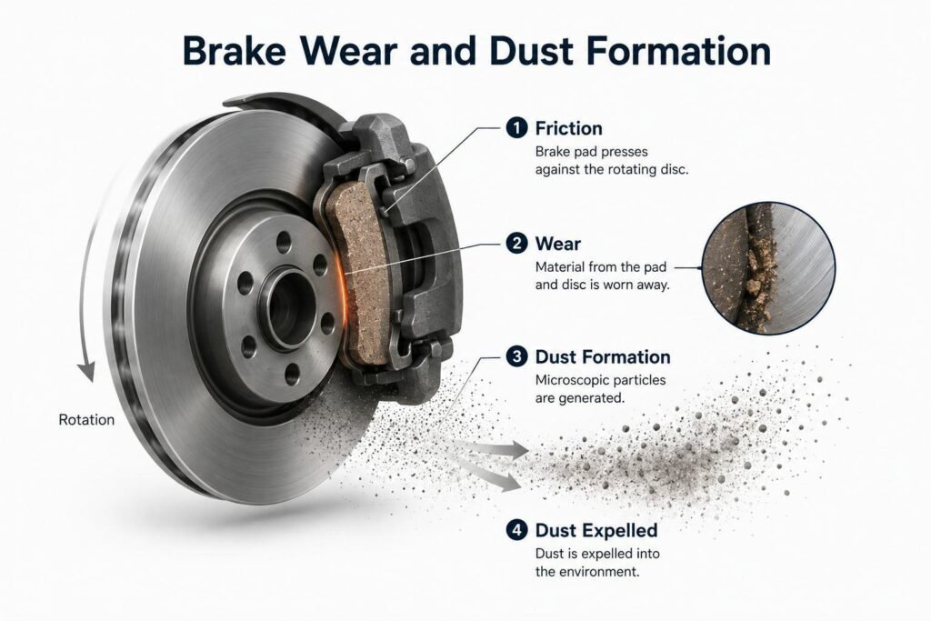 Brake wear and dust formation process showing friction between brake pads and brake discs generating wear particles and brake dust emissions during braking.