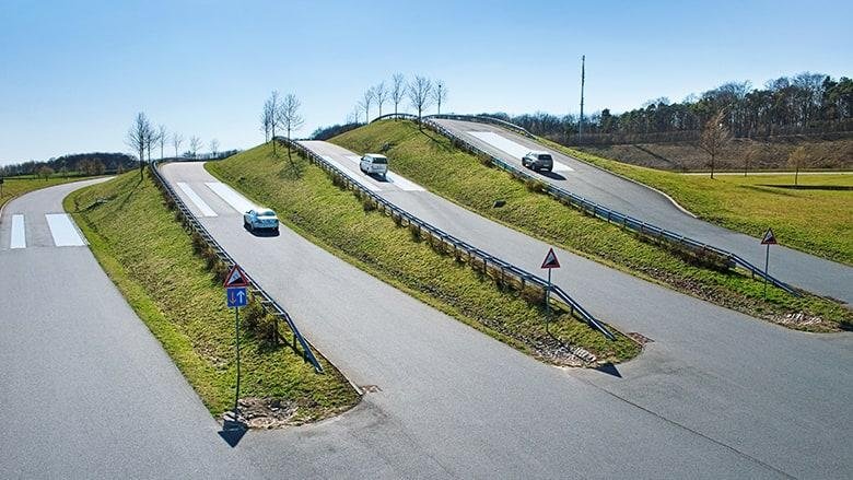 brake testing proving ground with incline hill used for FMVSS vehicle stopping performance validation