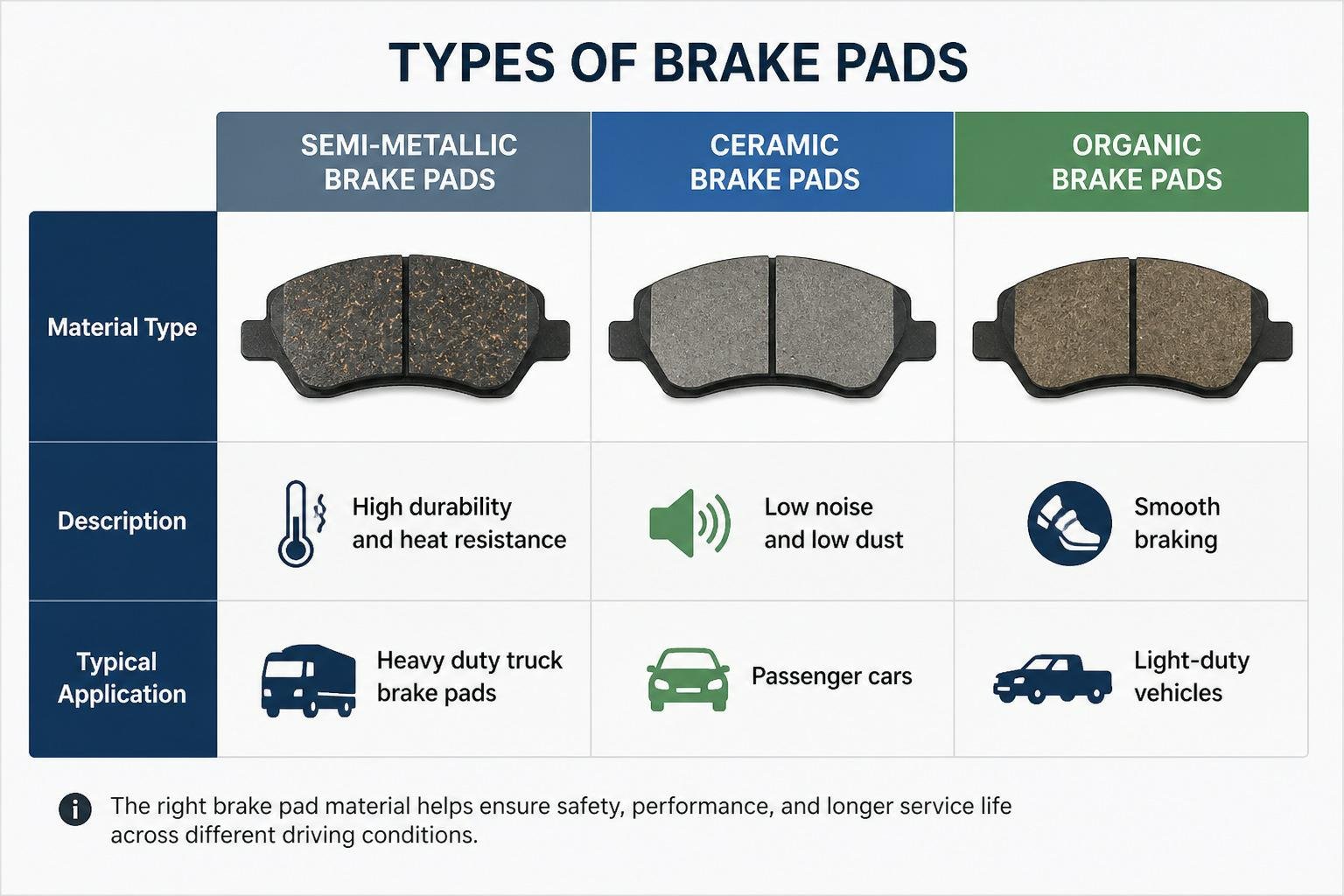 Brake pad material comparison chart showing semi-metallic, ceramic, and organic brake pads with key characteristics and applications