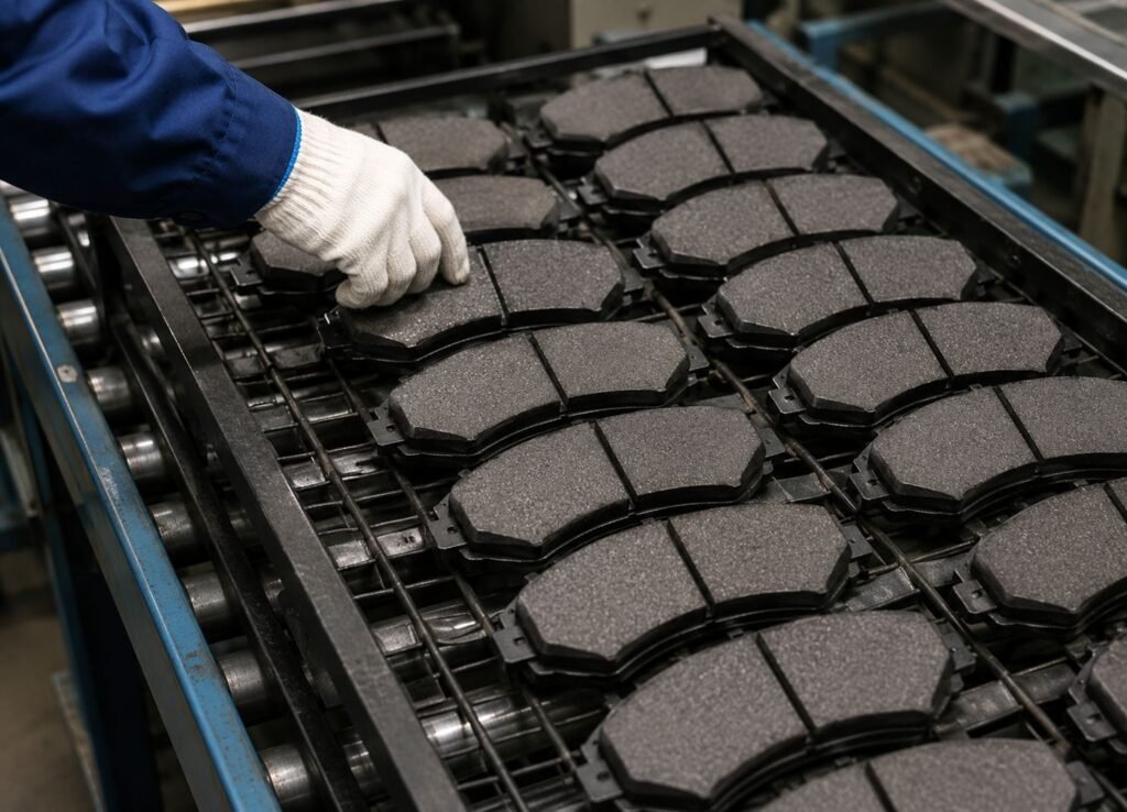 Brake pad manufacturing process for low emission brake pads designed to reduce brake dust and improve braking system performance in commercial vehicle applications.