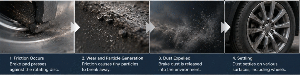Brake dust generated from friction between brake pads and brake discs during braking, showing particle wear and dust accumulation on vehicle wheels.