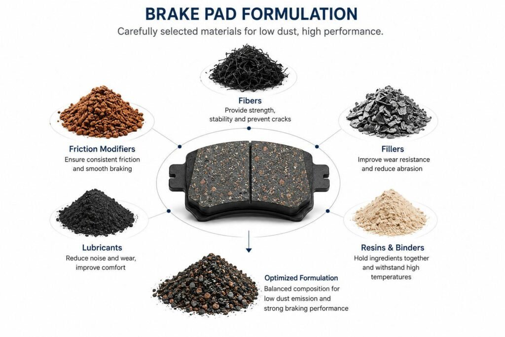 Brake pad friction material formulation showing fibers, fillers, lubricants, and resins engineered to reduce brake dust emissions while maintaining stable braking performance and wear resistance.