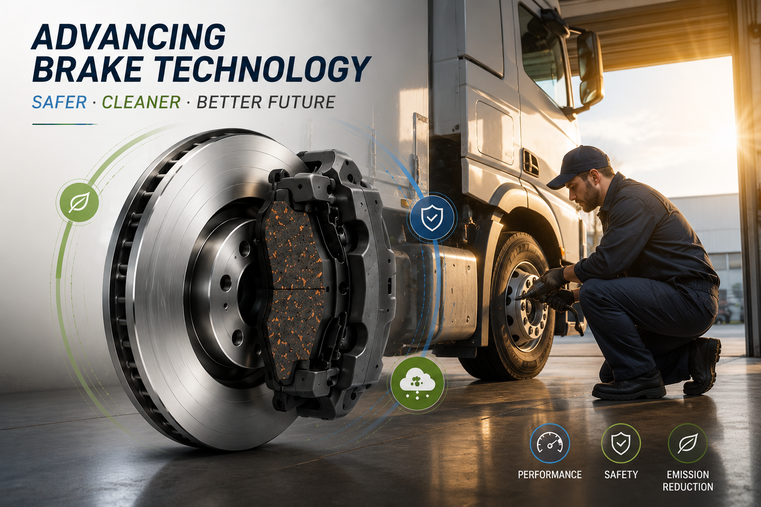 Commercial truck brake system and low emission brake pad technology designed to balance braking performance, safety, and brake dust reduction in fleet applications.