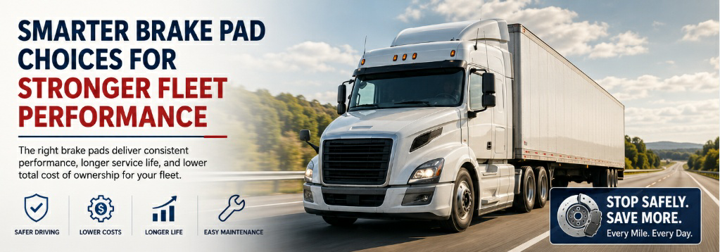 Commercial fleet brake pad infographic showing semi truck braking performance, longer service life, lower maintenance costs, and improved fleet safety through advanced heavy-duty brake pad solutions.