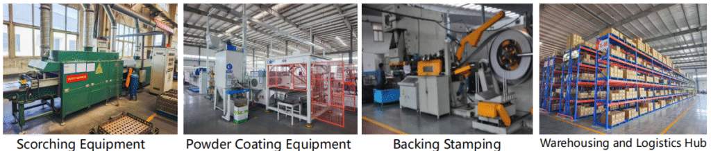 Tuoba brake pad production workshop overview featuring automated manufacturing equipment, processing systems, and warehouse logistics for OEM and aftermarket brake pad production