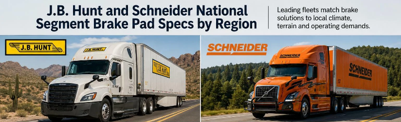 Regional fleet brake pad strategy infographic showing how J.B. Hunt and Schneider National optimize brake pad specifications for hot, cold, and humid operating environments to reduce wear and maintenance costs.