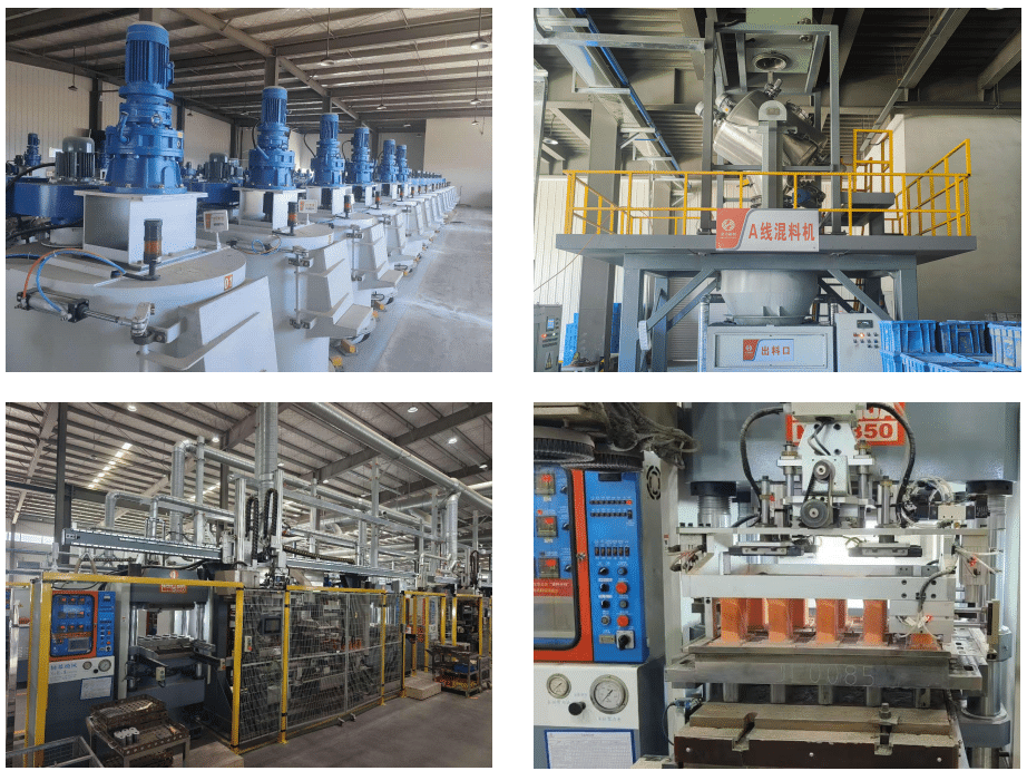Close-up of Tuoba brake pad factory’s automated batching system with 48 silos, barcode tracking, and one-step molding with advanced pressure control for quality.
