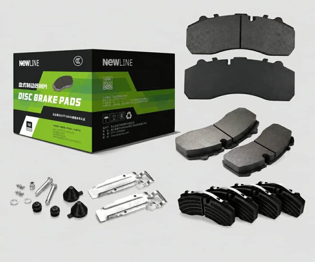 Close-up of Tuoba brake pads and custom packaging options for private-label and OEM projects, highlighting logo, marking, and box customization capabilities.