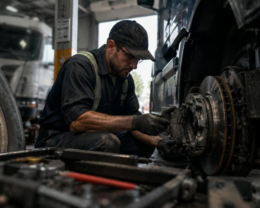 Fleet mechanic inspecting brake pads on a commercial truck, focusing on predictable wear, aligned maintenance cycles, and minimizing downtime for real-world fleet operations.