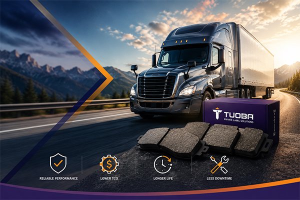 Commercial fleet truck with Tuoba private label brake pads highlighting lower TCO, longer brake pad life, reduced downtime, and reliable heavy-duty braking performance.