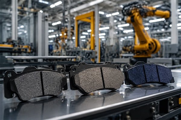High-quality brake pads on production line at a Chinese brake pad manufacturer, demonstrating advanced brake pad manufacturing processes and automation.