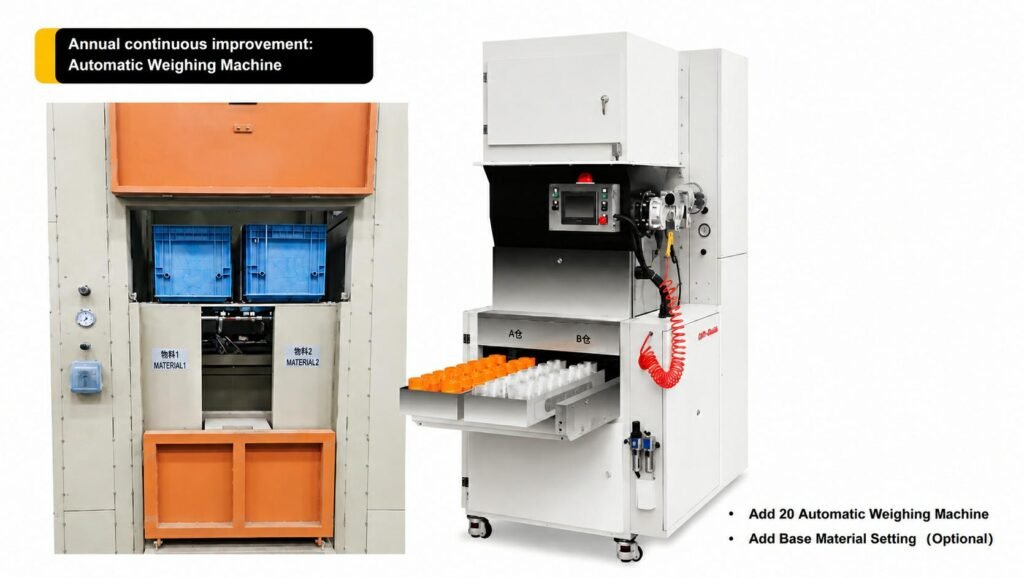 Automatic weighing machine for brake pad friction material preparation and batch consistency control