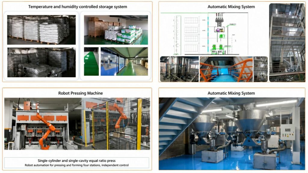 Automated brake pad manufacturing systems including raw material storage, friction material mixing, and robotic pressing equipment
