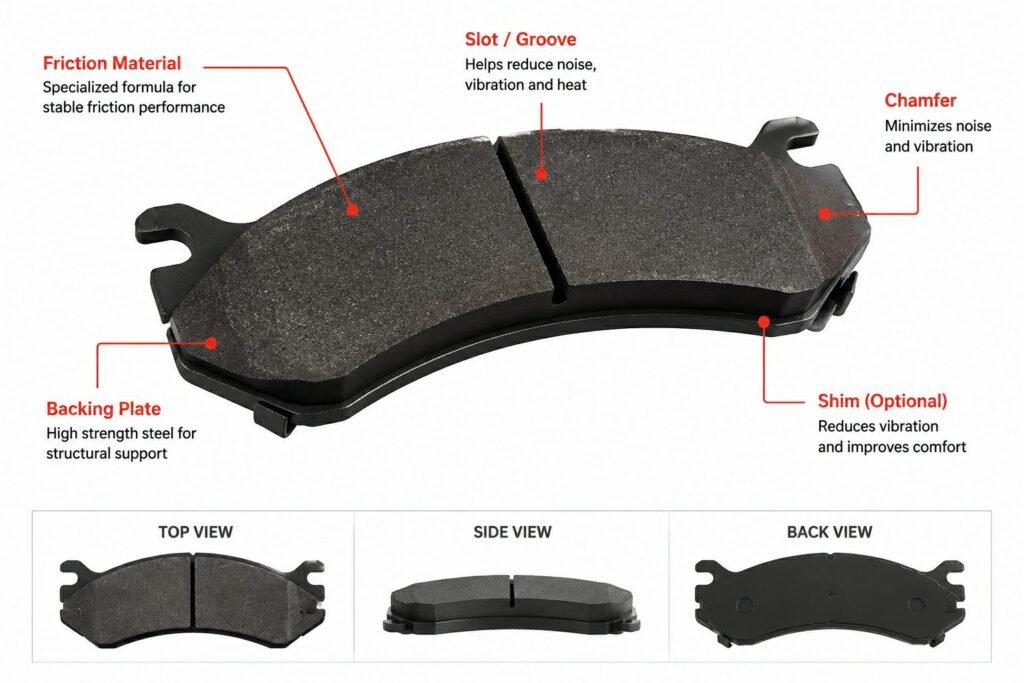 Brake pad chamfered friction material design helping reduce squeal, vibration, and NVH during bedding-in period