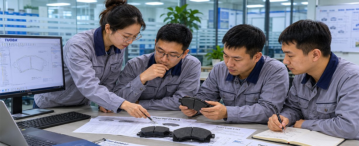 Brake pad engineering team reviewing fitment data, product specifications, quality standards, and sourcing requirements