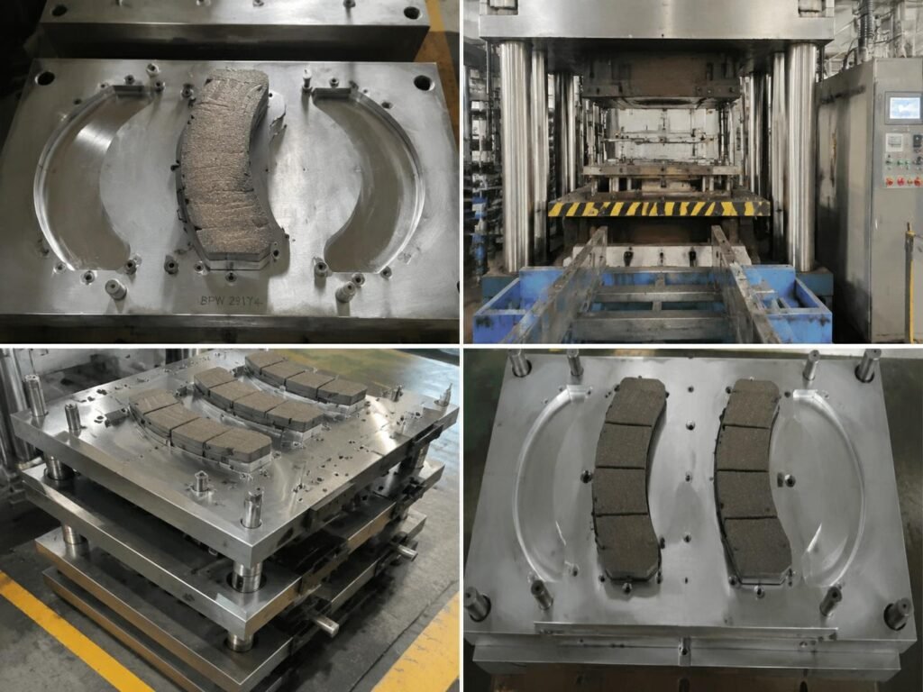 Brake pad hot pressing and molding process using steel backing plate molds under controlled pressure and temperature for density, thickness uniformity, and bonding strength