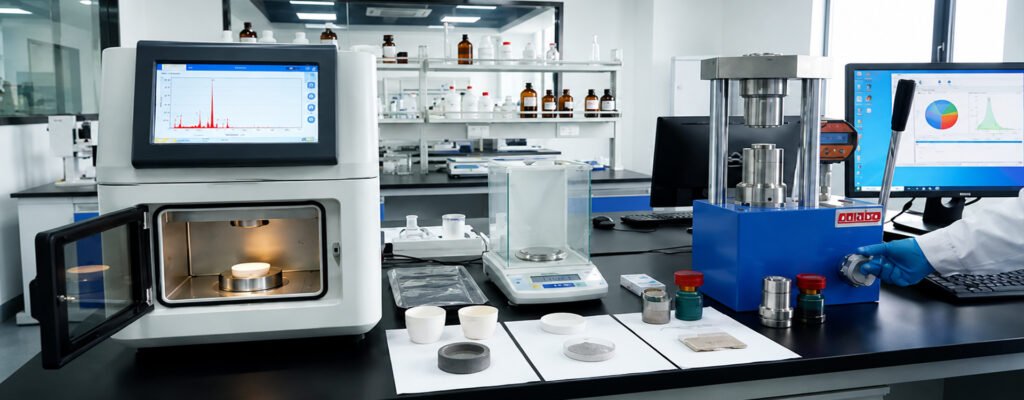 Brake pad raw material testing laboratory with FTIR and XRF analysis equipment for quality control and material verification