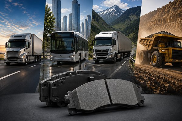 Commercial vehicle brake pads engineered for highway trucking, urban transit, mountain transport, and mining operations with application-specific formulations.