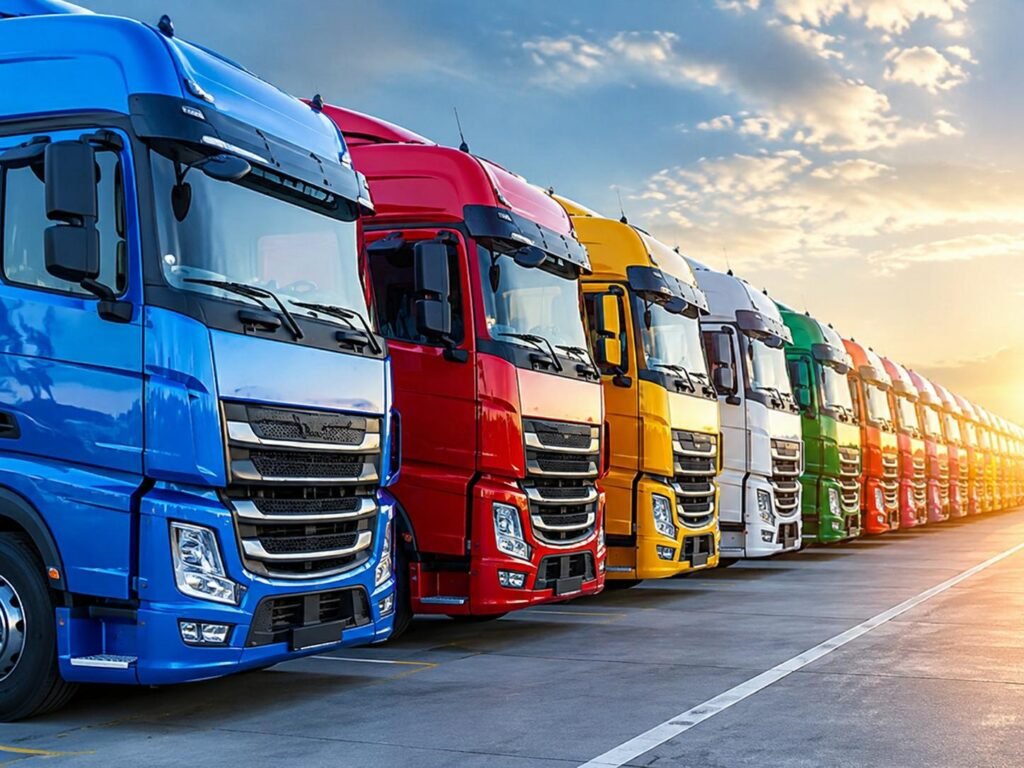 Commercial vehicle fleet of long-haul trucks representing brake pad performance consistency, predictable wear, and maintenance interval optimization for fleet operations