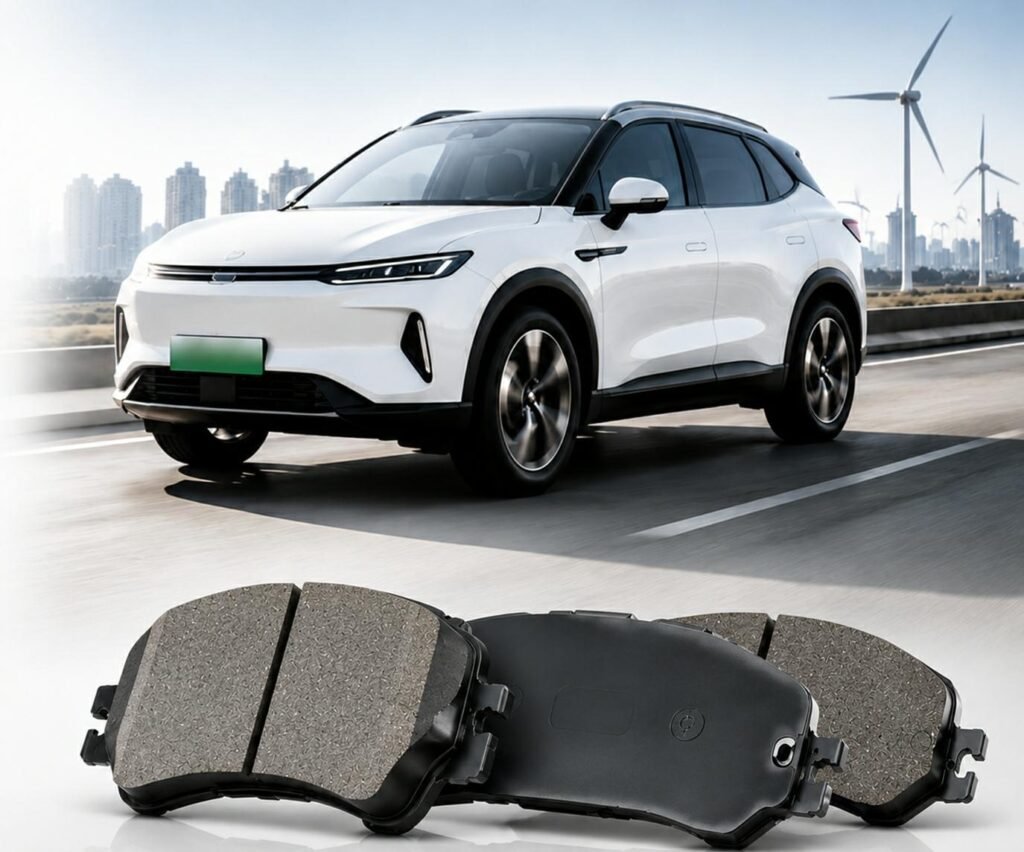 Electric SUV braking system with low-emission friction materials highlighting Euro 7 brake dust regulations and PM10 particulate limits for sustainable mobility