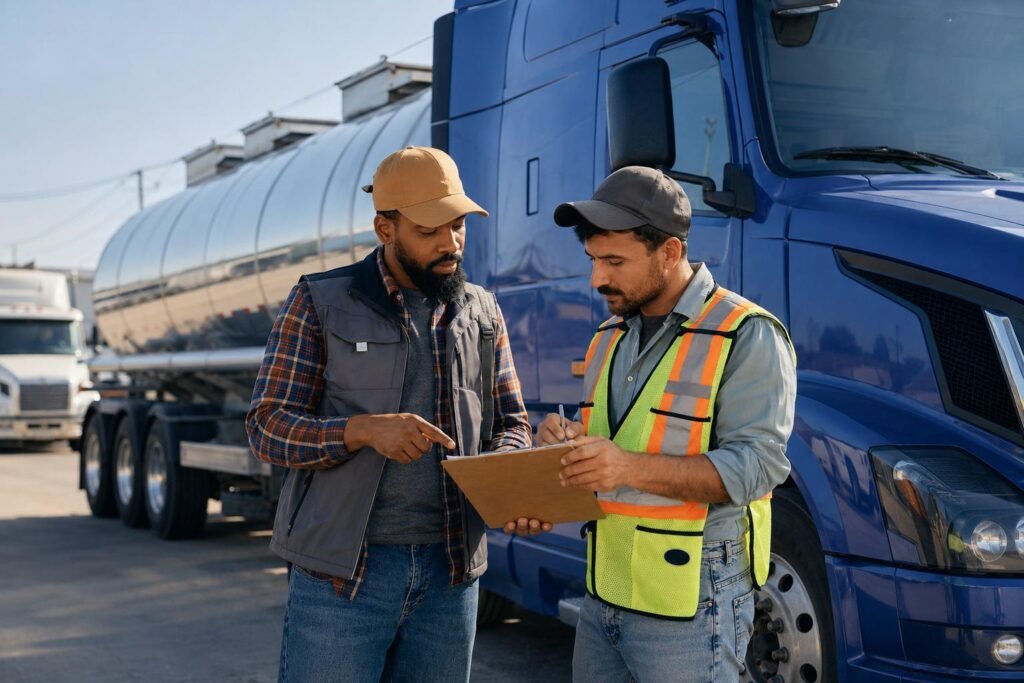 Fleet managers reviewing truck maintenance data, highlighting predictable brake pad wear, batch consistency, and fleet operational reliability.