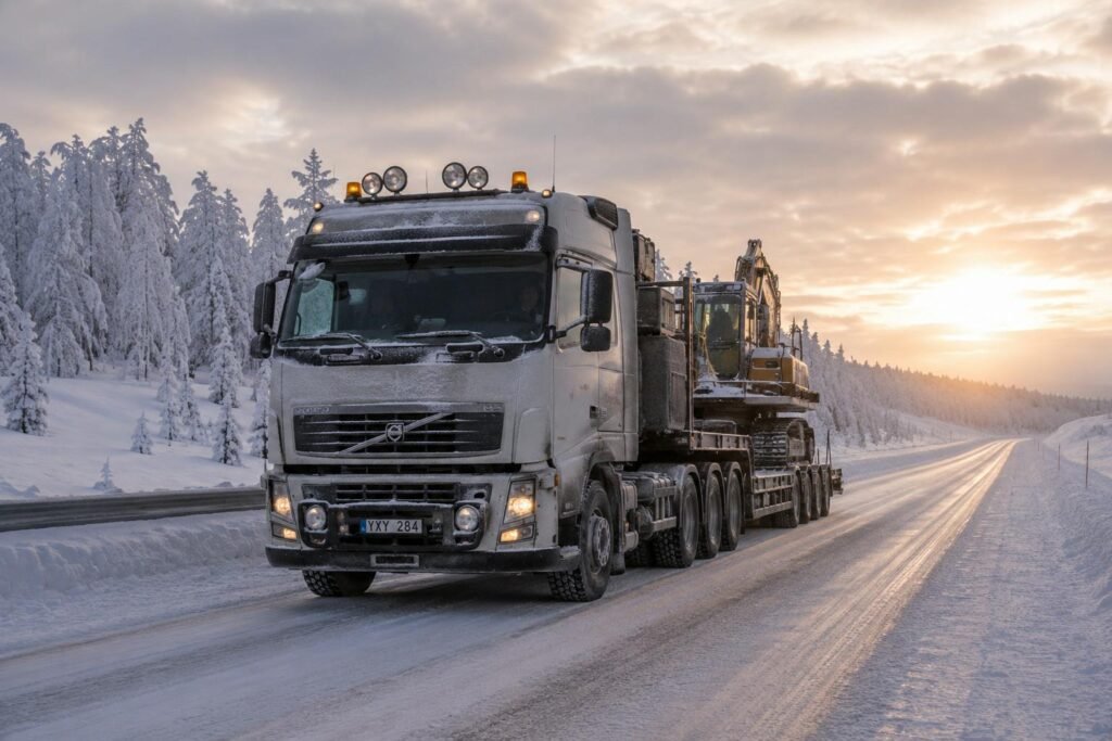 Heavy-duty truck operating on a snow-covered road, illustrating cold-weather brake pad performance and winter fleet braking conditions.