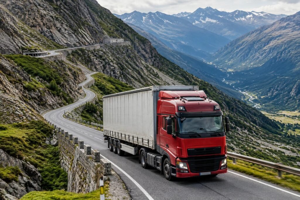 Loaded truck descending a mountain road, illustrating extreme thermal stress, brake fade risk, and commercial vehicle brake pad performance under sustained downhill braking