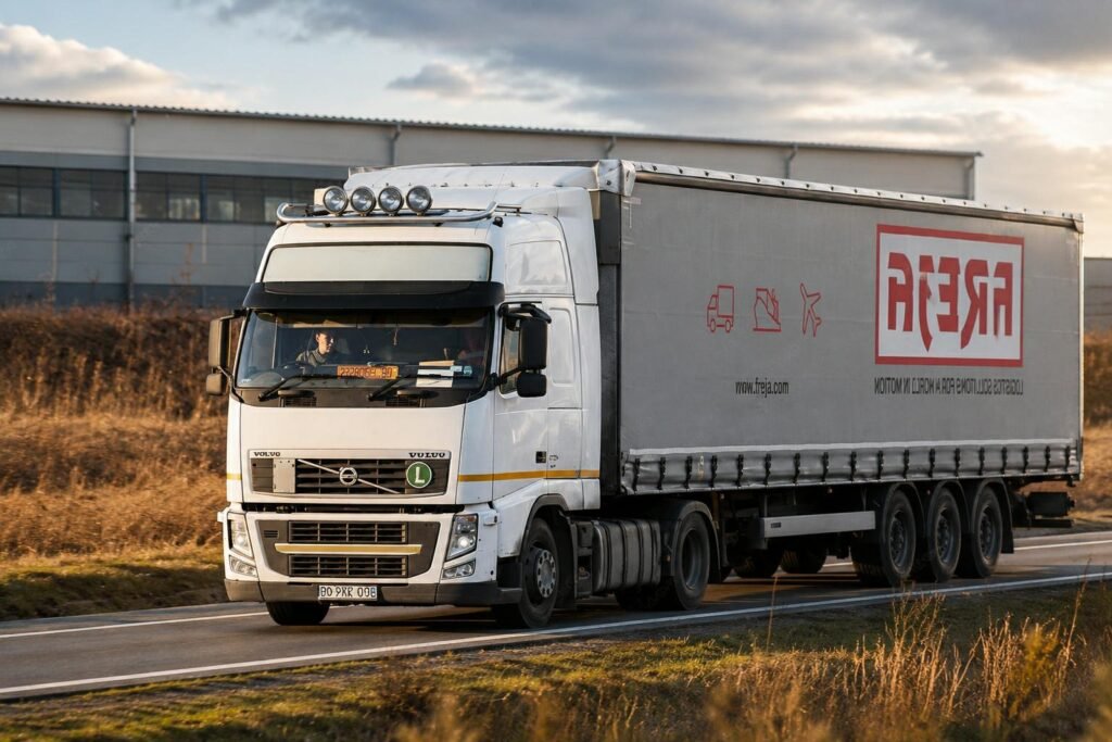 Long-haul highway truck fleet operating on expressways, illustrating commercial vehicle brake pad performance, thermal cycling durability, and fleet maintenance requirements.