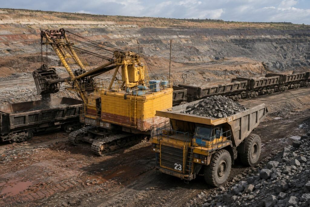 Mining haul truck operating in a quarry, illustrating severe-duty brake pad requirements under dust, heavy loads, thermal cycling, and harsh working conditions.