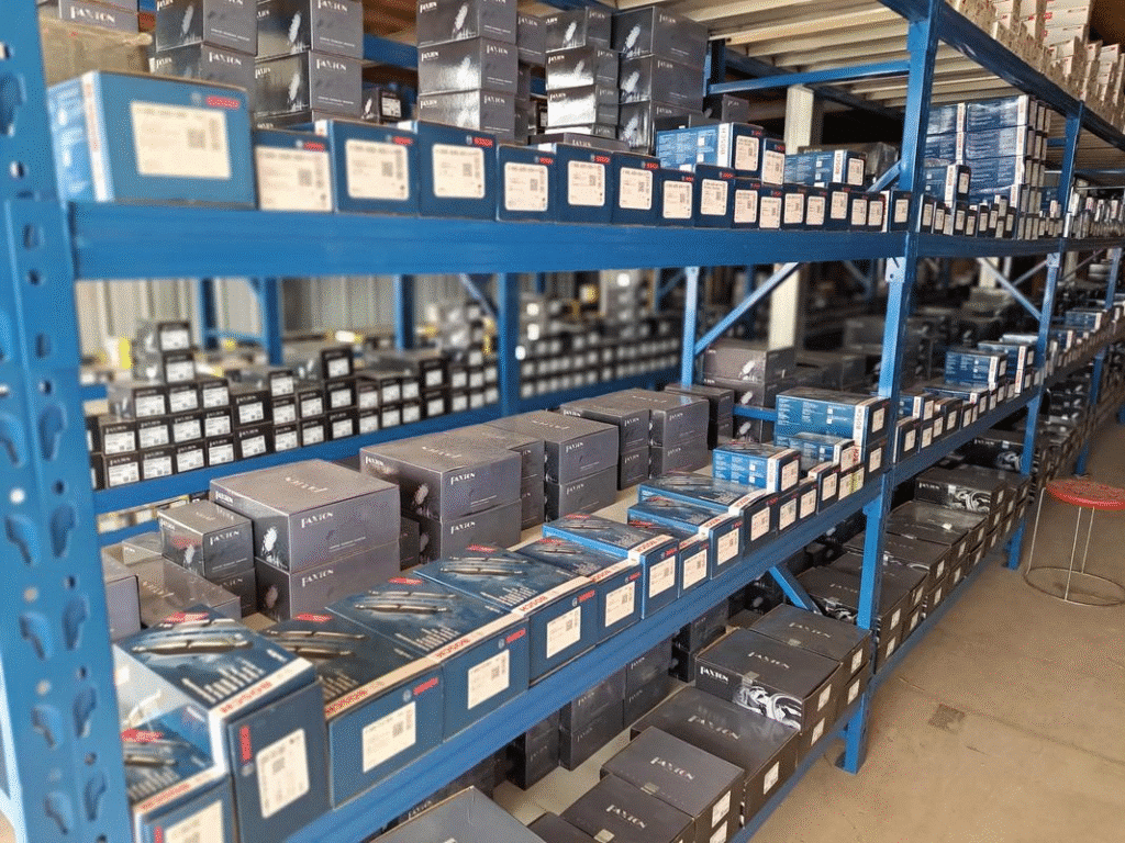 Brake pad warehouse storage and logistics inventory showing packaged brake pads for OEM and aftermarket distribution supporting global brake pad supplier supply chain and wholesale operations