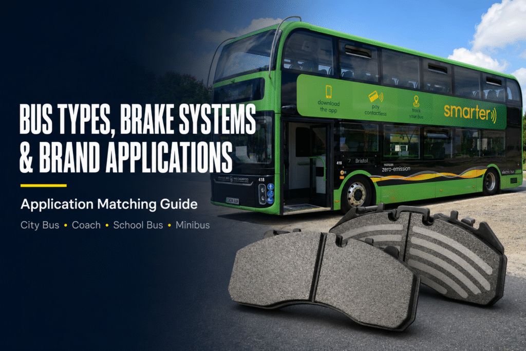 Bus brake pads displayed with an electric city bus for brake system and application matching