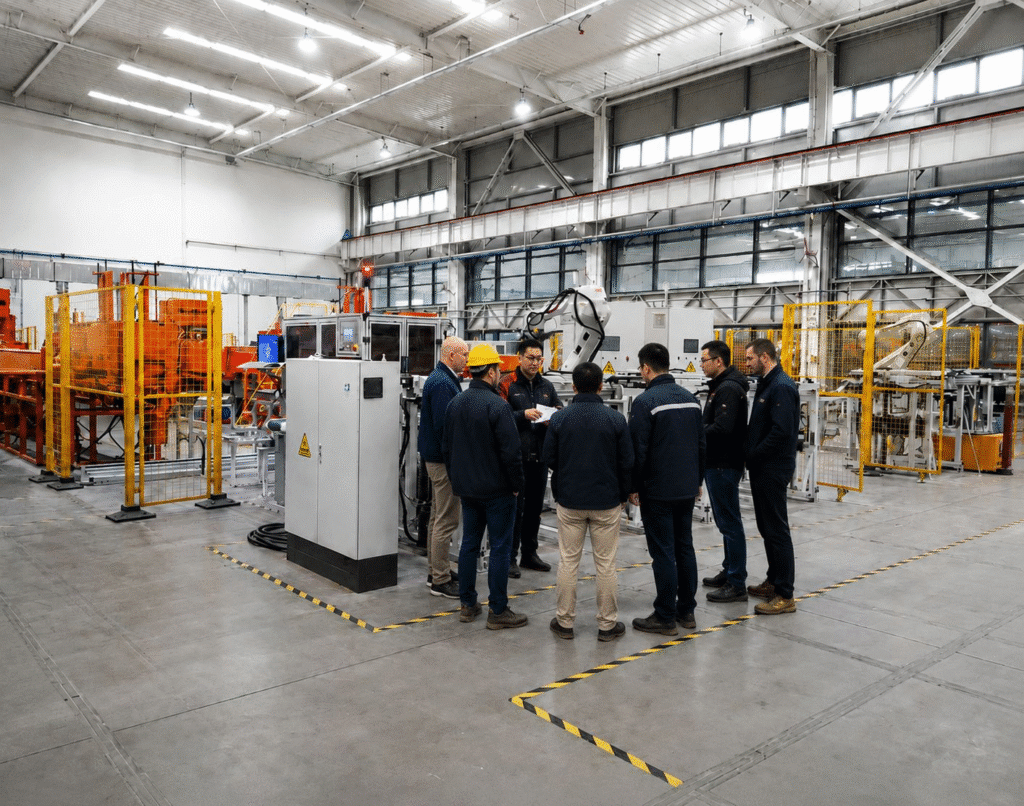 German OEM technical team evaluating Tuoba's automated brake pad production line during a factory audit