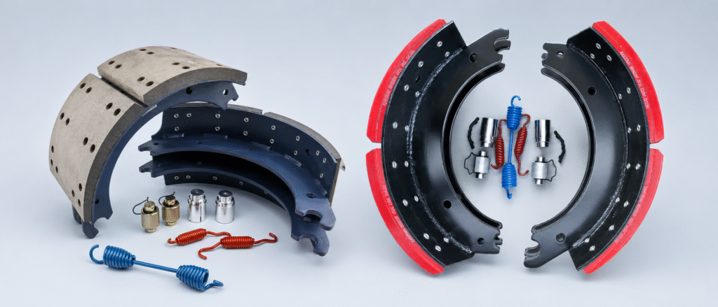 Heavy-duty brake shoes and linings in different sizes and rivet patterns for FMSI cross-reference verification