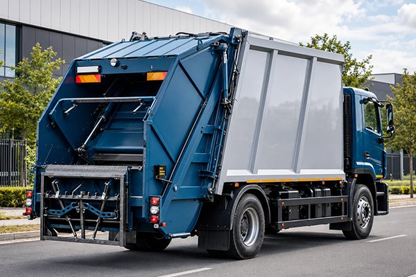 Rear-loader refuse truck with severe-duty brake linings for frequent stop-and-go fleet operation