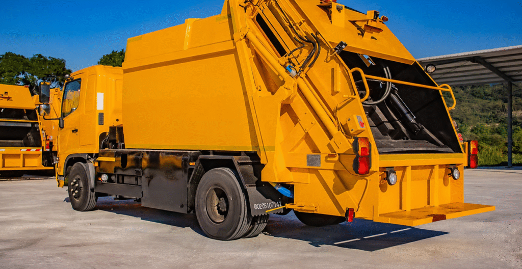 Refuse truck illustrating brake lining price factors, including friction material, hardware and fleet operating costs