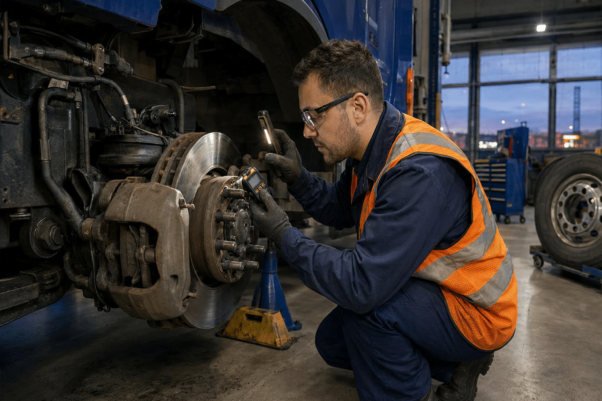 Technician inspecting a commercial truck brake system during brake pad failure analysis