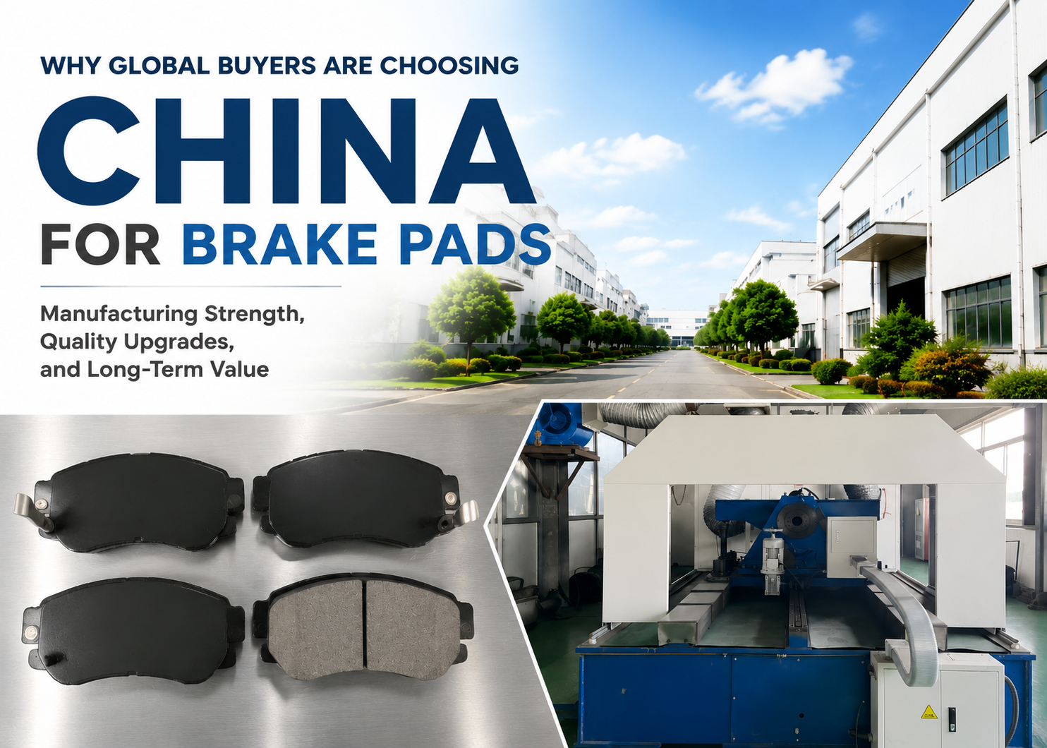 China brake pad manufacturer factory showing production facility, brake pads, and advanced manufacturing equipment for OEM and private label brake solutions