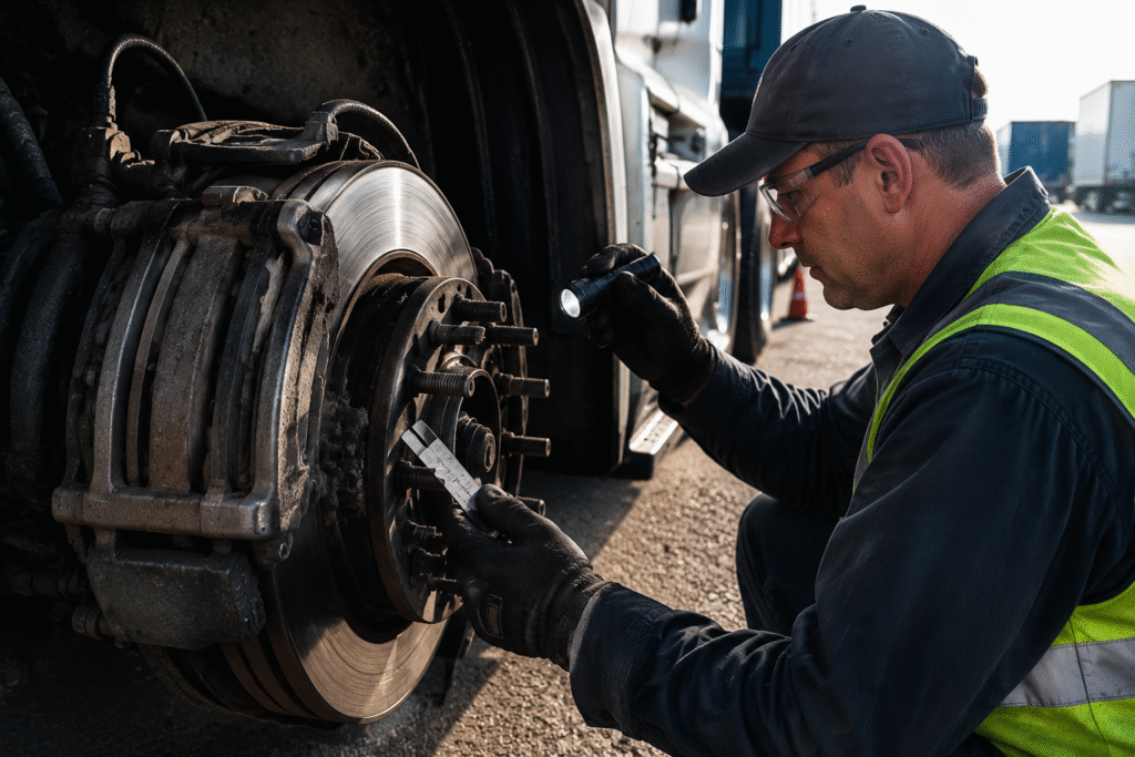 Technician checking commercial truck brake pad thickness during brake inspection