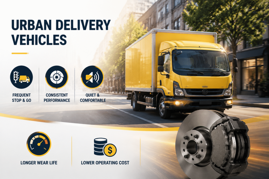 Urban delivery vehicle operating with commercial brake pads for frequent stop-and-go driving