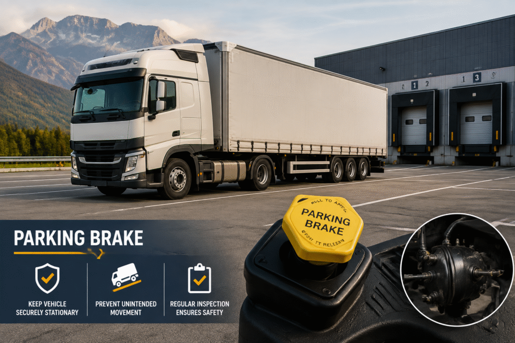 Commercial truck parking brake system for heavy-duty vehicles showing secure parking and brake safety inspection