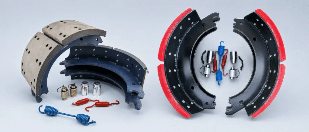 Heavy duty truck brake shoes with friction lining and brake shoe components